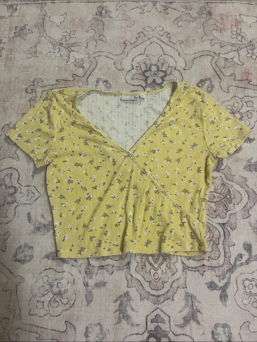 SO Yellow Floral Ribbed Wrap-Style Crop Top